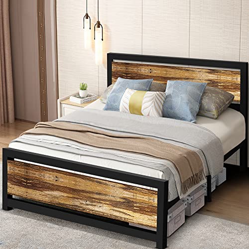 Aqgrj queensize bedframe, platformbedframe met hoofdeinde en stalen stevige lattenbodem, sterke steunpoten, geluidsvrij, geen boxspring nodig, eenvoudige montage, bruin