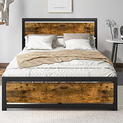 Aqgrj queensize bedframe, platformbedframe met hoofdeinde en stalen stevige lattenbodem, sterke steunpoten, geluidsvrij, geen boxspring nodig, eenvoudige montage, bruin