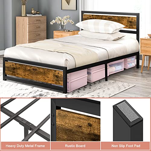 Aqgrj queensize bedframe, platformbedframe met hoofdeinde en stalen stevige lattenbodem, sterke steunpoten, geluidsvrij, geen boxspring nodig, eenvoudige montage, bruin