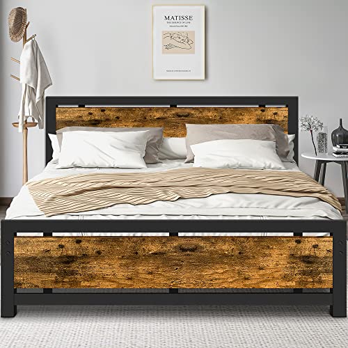 Aqgrj queensize bedframe, platformbedframe met hoofdeinde en stalen stevige lattenbodem, sterke steunpoten, geluidsvrij, geen boxspring nodig, eenvoudige montage, bruin