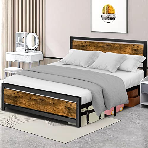 Aqgrj queensize bedframe, platformbedframe met hoofdeinde en stalen stevige lattenbodem, sterke steunpoten, geluidsvrij, geen boxspring nodig, eenvoudige montage, bruin