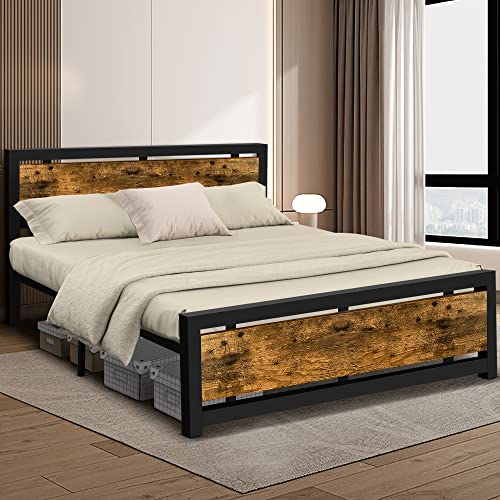 Aqgrj queensize bedframe, platformbedframe met hoofdeinde en stalen stevige lattenbodem, sterke steunpoten, geluidsvrij, geen boxspring nodig, eenvoudige montage, bruin