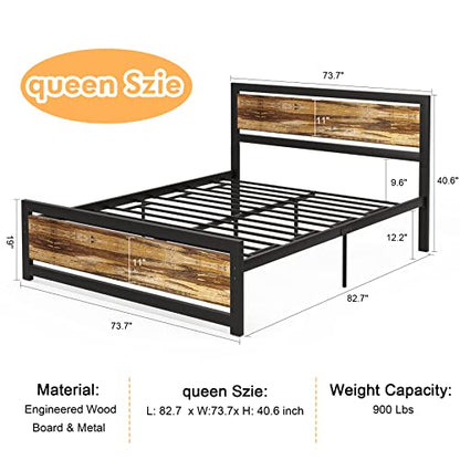 Aqgrj queensize bedframe, platformbedframe met hoofdeinde en stalen stevige lattenbodem, sterke steunpoten, geluidsvrij, geen boxspring nodig, eenvoudige montage, bruin