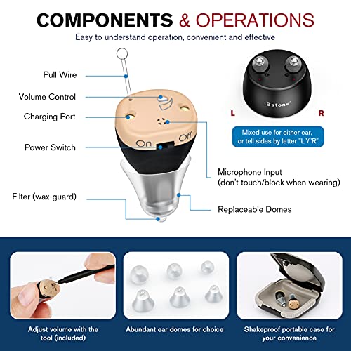 Hearing Aids, iBstone K17 Rechargeable Hearing Aids to Assist Hearing for Seniors & Adults, Mini Completely-in-Canal Digital Hearing Devices with Noise Cancellation, OTC, Pair (Blue & Red)