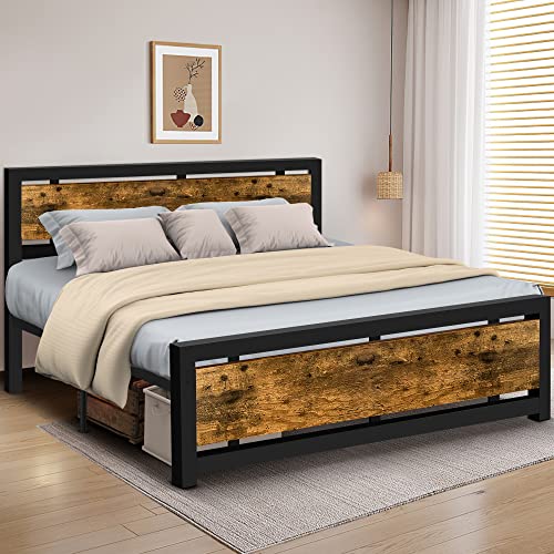 Aqgrj queensize bedframe, platformbedframe met hoofdeinde en stalen stevige lattenbodem, sterke steunpoten, geluidsvrij, geen boxspring nodig, eenvoudige montage, bruin