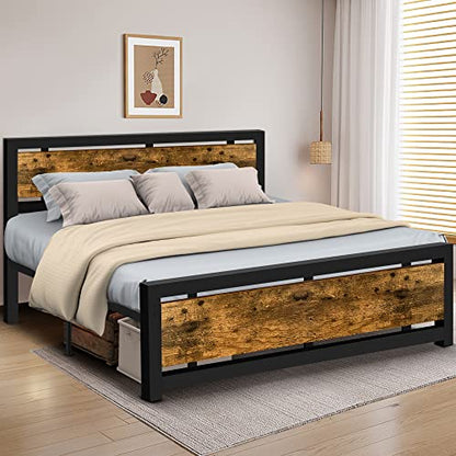 Aqgrj queensize bedframe, platformbedframe met hoofdeinde en stalen stevige lattenbodem, sterke steunpoten, geluidsvrij, geen boxspring nodig, eenvoudige montage, bruin