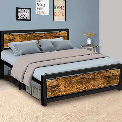 Aqgrj queensize bedframe, platformbedframe met hoofdeinde en stalen stevige lattenbodem, sterke steunpoten, geluidsvrij, geen boxspring nodig, eenvoudige montage, bruin