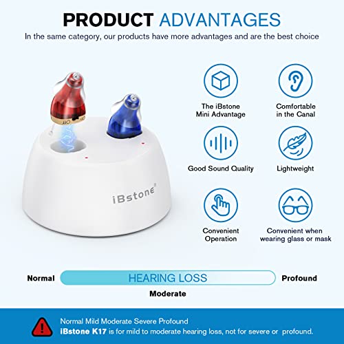 Hearing Aids, iBstone K17 Rechargeable Hearing Aids to Assist Hearing for Seniors & Adults, Mini Completely-in-Canal Digital Hearing Devices with Noise Cancellation, OTC, Pair (Blue & Red)