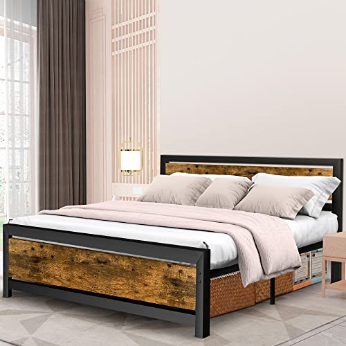 Aqgrj queensize bedframe, platformbedframe met hoofdeinde en stalen stevige lattenbodem, sterke steunpoten, geluidsvrij, geen boxspring nodig, eenvoudige montage, bruin