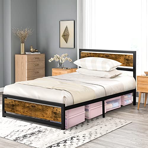 Aqgrj queensize bedframe, platformbedframe met hoofdeinde en stalen stevige lattenbodem, sterke steunpoten, geluidsvrij, geen boxspring nodig, eenvoudige montage, bruin