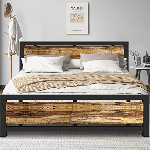 Aqgrj queensize bedframe, platformbedframe met hoofdeinde en stalen stevige lattenbodem, sterke steunpoten, geluidsvrij, geen boxspring nodig, eenvoudige montage, bruin