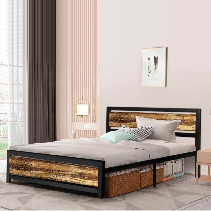 Aqgrj queensize bedframe, platformbedframe met hoofdeinde en stalen stevige lattenbodem, sterke steunpoten, geluidsvrij, geen boxspring nodig, eenvoudige montage, bruin