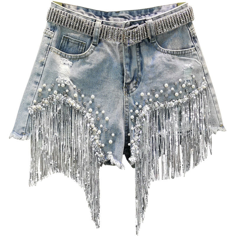 Short en jean à pampilles et perles