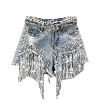 Short en jean à pampilles et perles