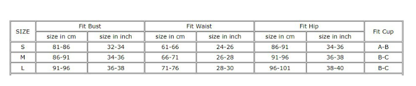 Size chart for bandeau bikini set showing bust waist hip measurements and cup sizes in cm and inches