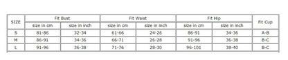 Size chart for bandeau bikini set showing bust waist hip measurements and cup sizes in cm and inches